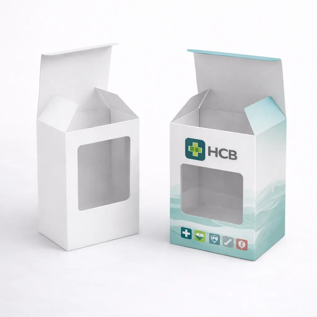 Upright medicine boxes featuring a transparent rectangular window on the front panel for product visibility. class=